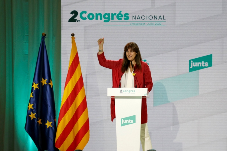 Junts per Catalunya president Laura Borràs during her speech in the party congress held in Hospitalet de Llobregat on July 16, 2022 (by Jordi Pujolar)